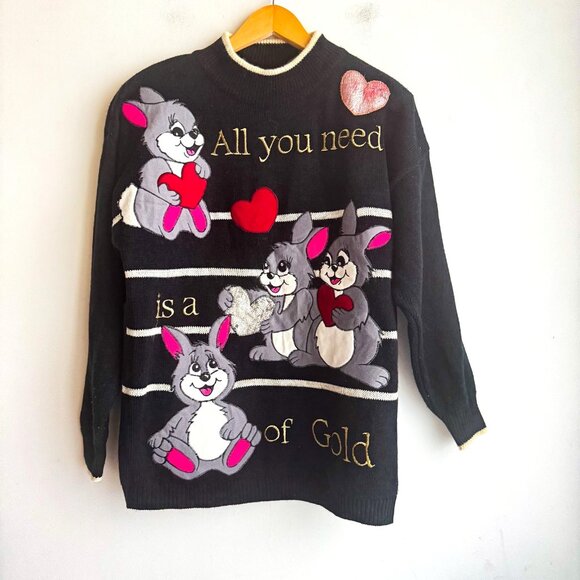 Cote a Cote Paris Bunny Cartoon " All you need is a Heart of Gold Pullover M/L - Picture 1 of 5